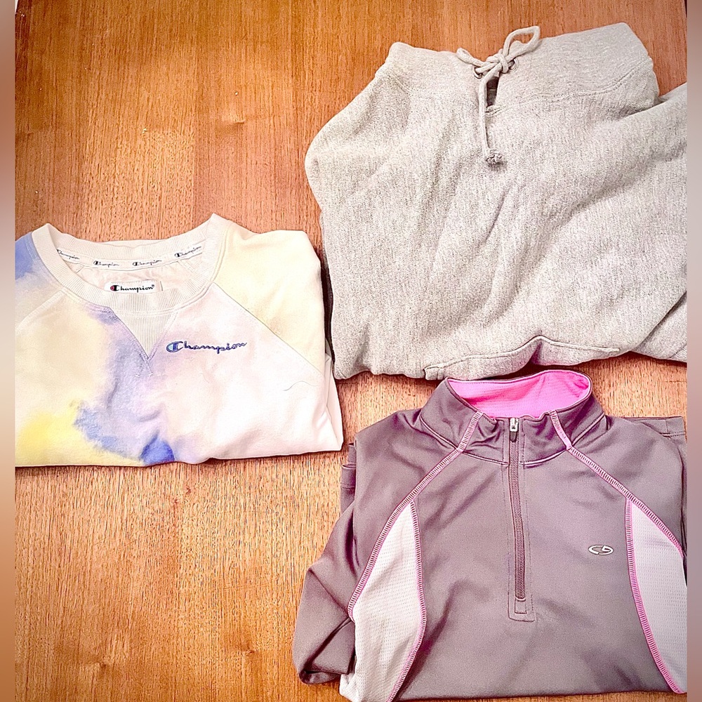 2 sweatshirts, one medium and one x-small. 1 long sleeved jogger size medium.